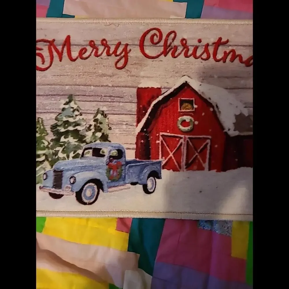 Merry Christmas Doormat With Festive Truck, Barn, And Pine Trees. Snow